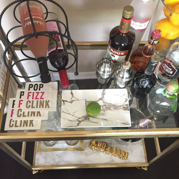 Goodwill Bar Cart Makeover - Thrift Store DIY | Recycle | Upcycle | Bar Station | Marble Contact Paper | Custom cut glass | Gold Spray Paint